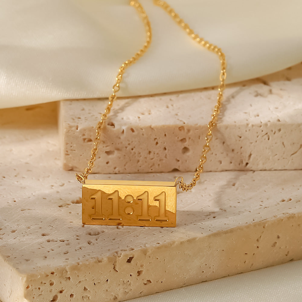 18k Gold Number Rectangle Stainless Steel Pendant Necklace - Minimalist Design Titanium Steel Chain for Women