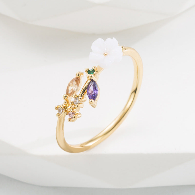 Fashion Oval Flower Zircon Inlay Adjustable Copper Ring for Women