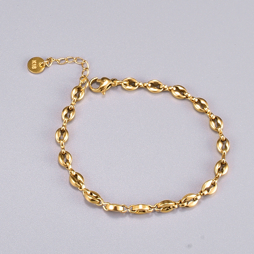 Oval Pig Nose Coffee Bean Titanium Steel Bracelet - 18k Gold Plated Women's Jewelry