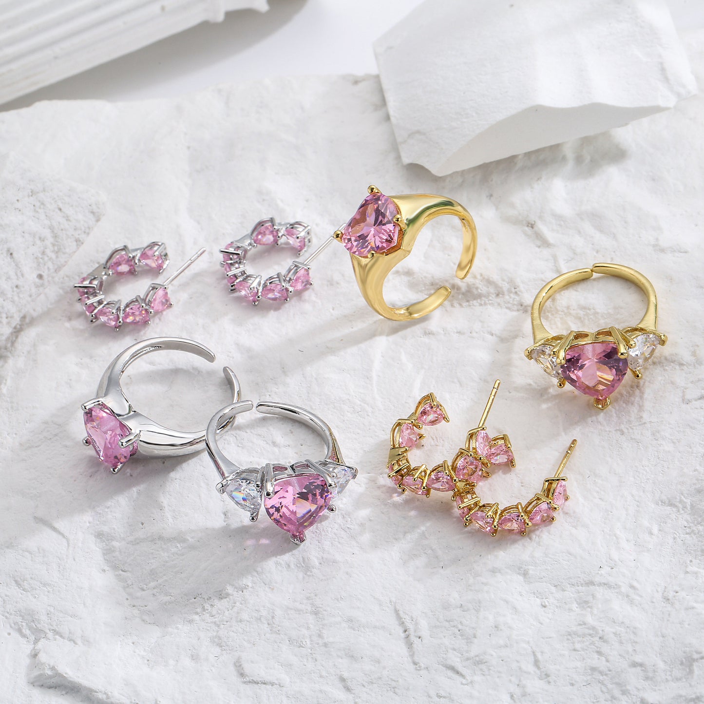 Fashion Pink Heart-shaped Zircon Earrings and Adjustable Ring Set