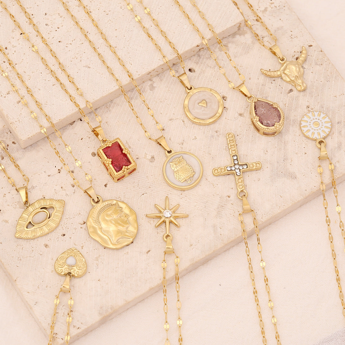 Geometric Owl Heart Stainless Steel Pendant Necklace with Zircon Inlay