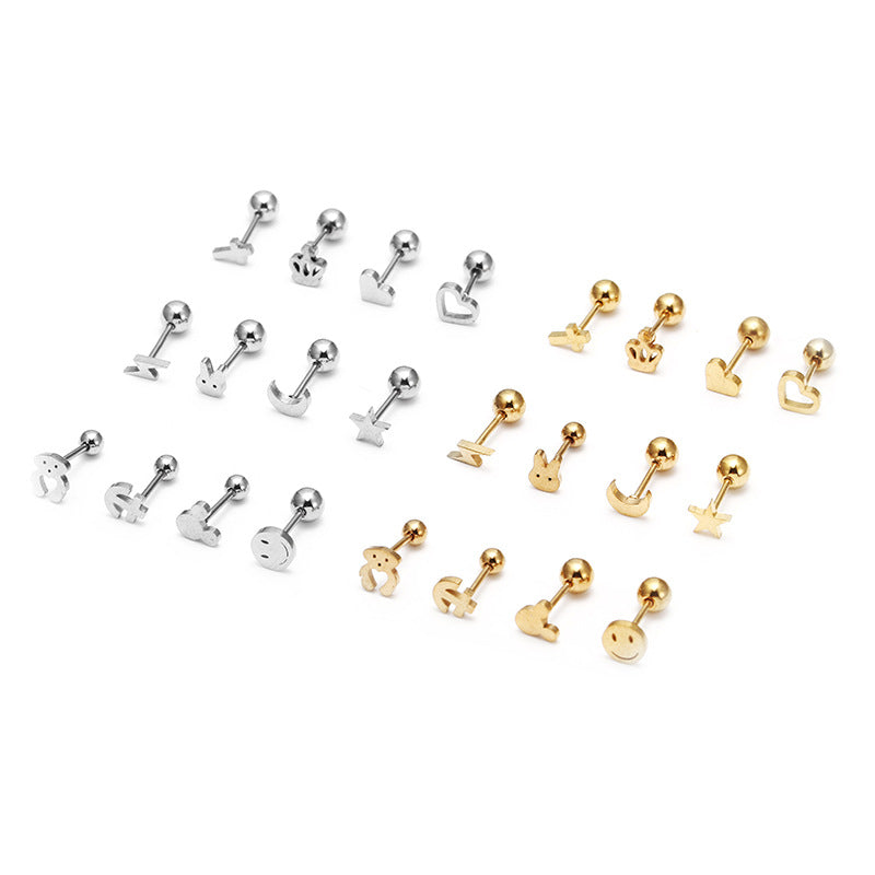 Fashion Rabbit Moon Star Crown Stainless Steel Ear Studs