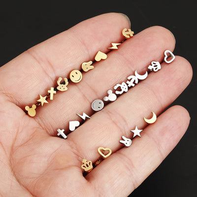 Fashion Rabbit Moon Star Crown Stainless Steel Ear Studs