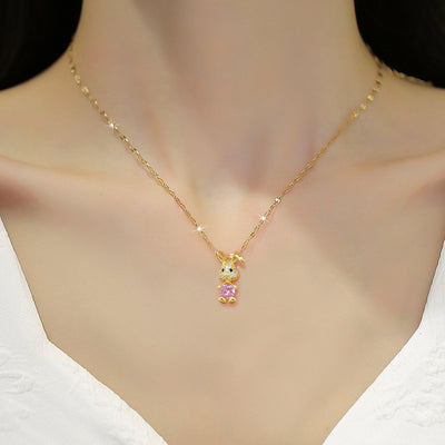 Pink Rabbit Titanium Steel Pendant Necklace with Artificial Diamonds