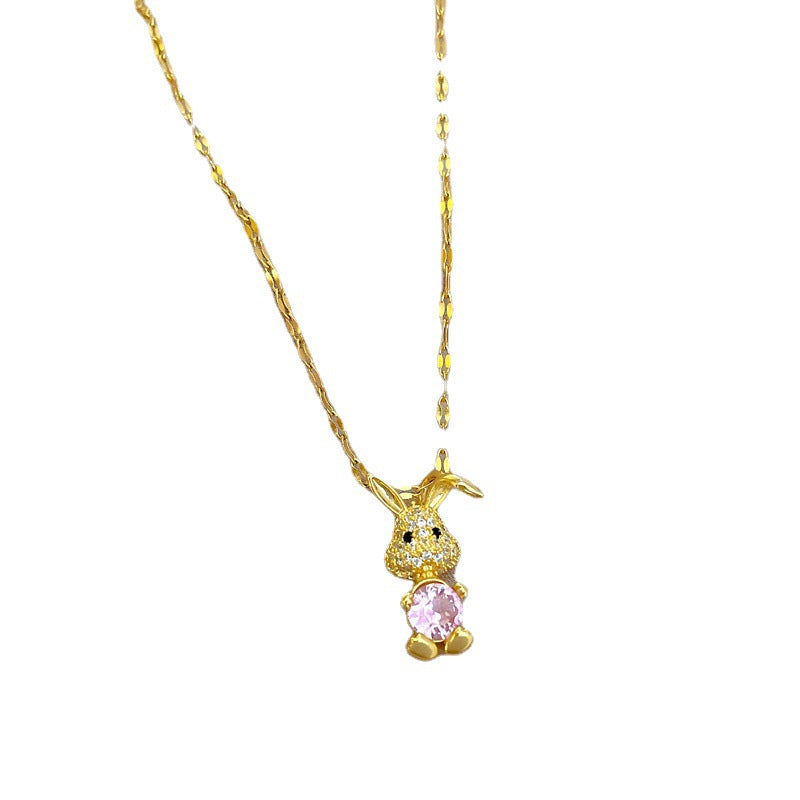 Pink Rabbit Titanium Steel Pendant Necklace with Artificial Diamonds