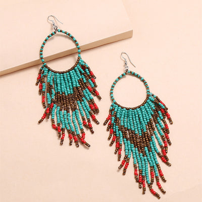 Bohemian Retro Beaded Tassel Alloy Earrings