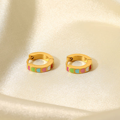 Retro Colorful Oil Drop 18K Gold Stainless Steel Round Earrings for Women