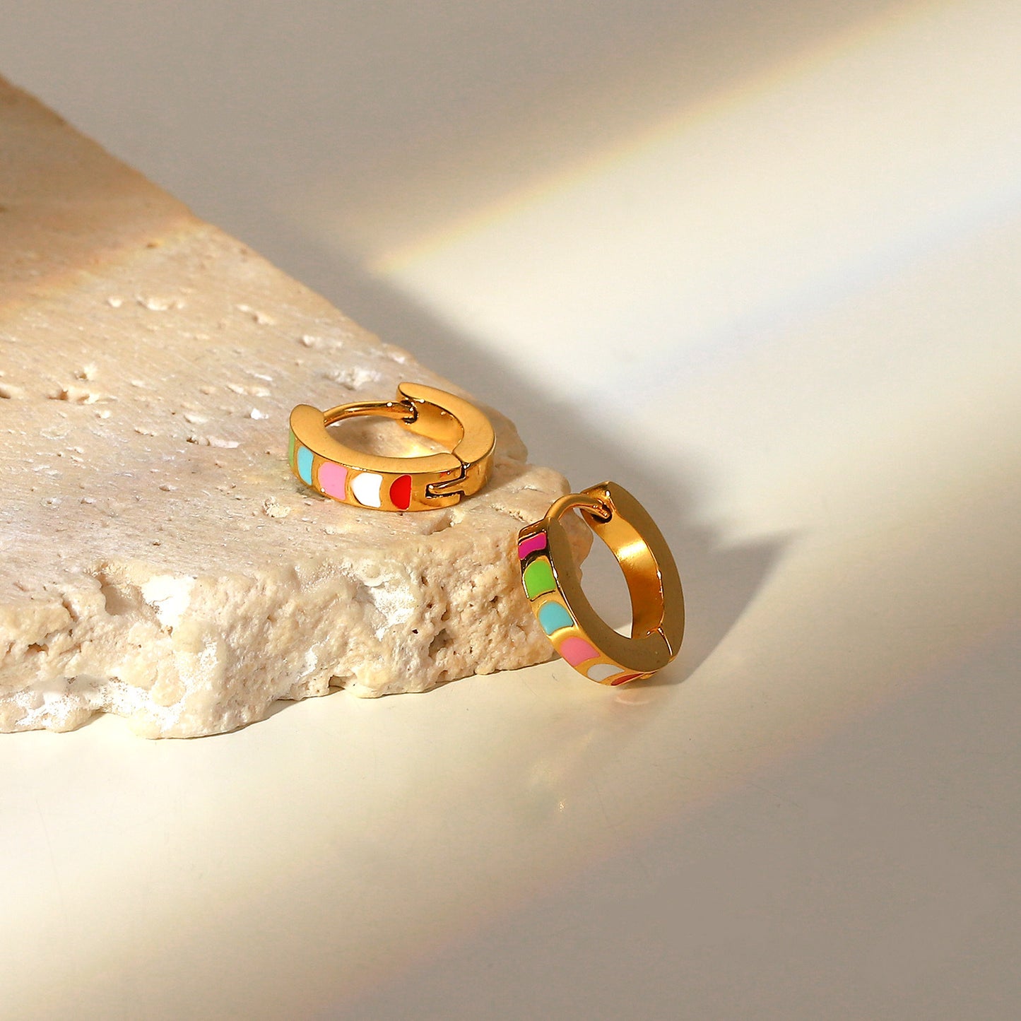 Retro Colorful Oil Drop 18K Gold Stainless Steel Round Earrings for Women