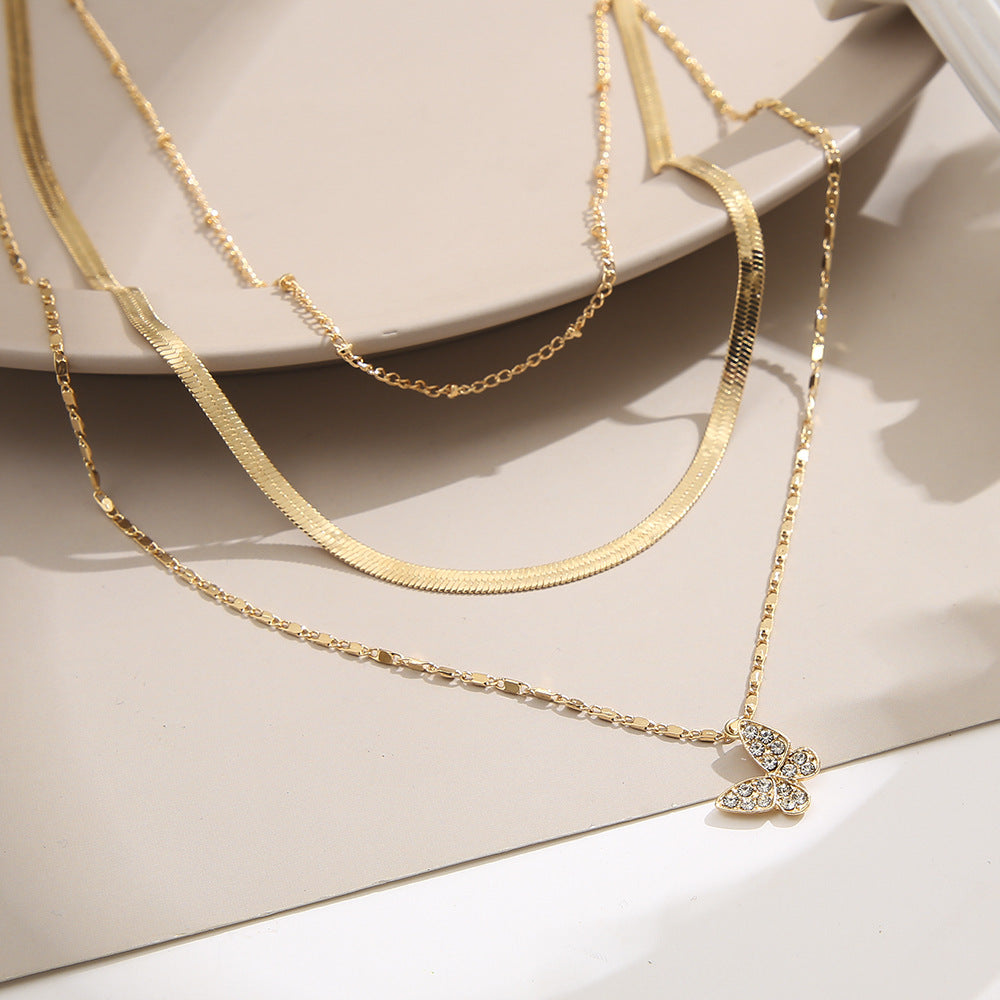 Fashion Retro Diamond Butterfly Pendant Layered Necklace