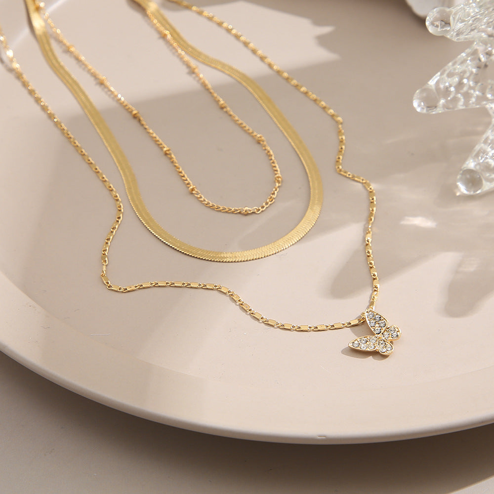 Fashion Retro Diamond Butterfly Pendant Layered Necklace