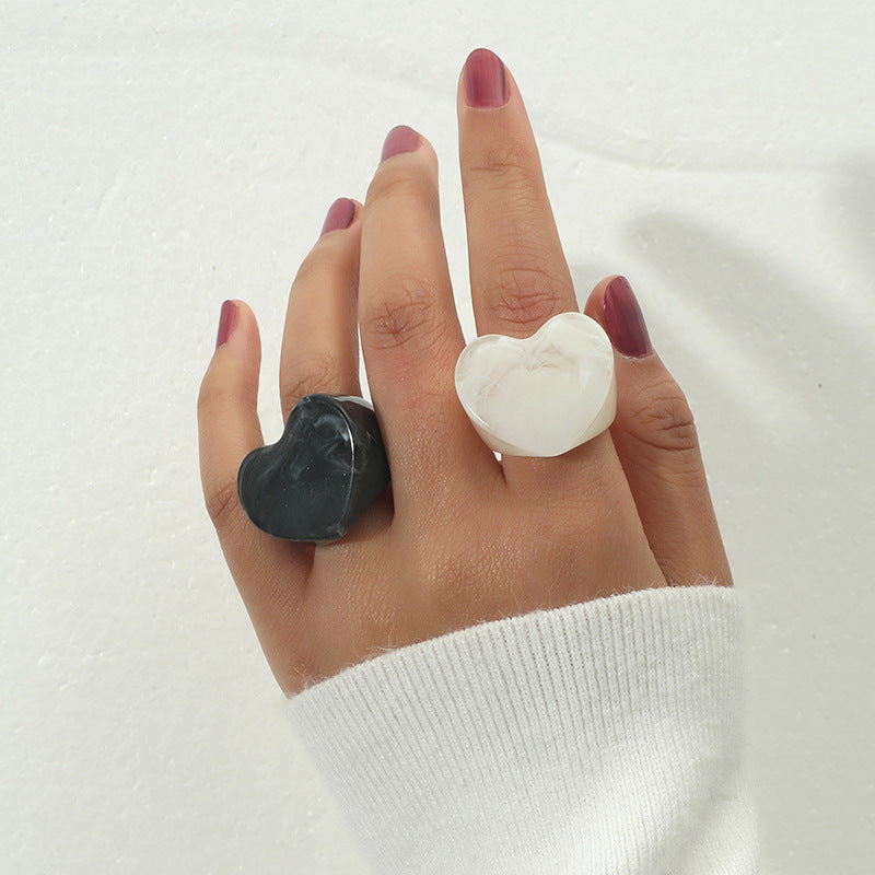 Vintage Heart-Shaped Acrylic Ring Set - 2 Pieces