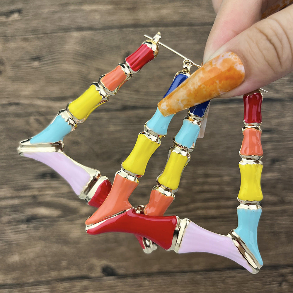 Colorful Heart & Bamboo Hoop Enamel Earrings 2023
