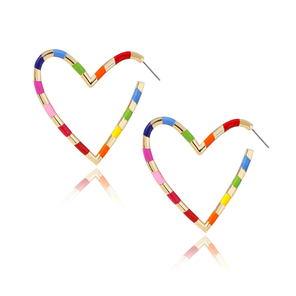 Colorful Heart & Bamboo Hoop Enamel Earrings 2023