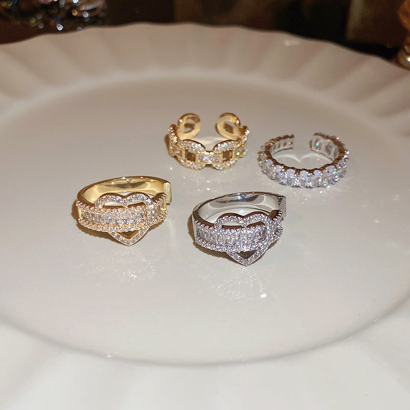Fashion Heart & Bow Knot Zircon Adjustable Copper Ring