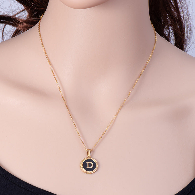 Fashion Round Letter Enamel Gold Plated Stainless Steel Initial Pendant Necklace