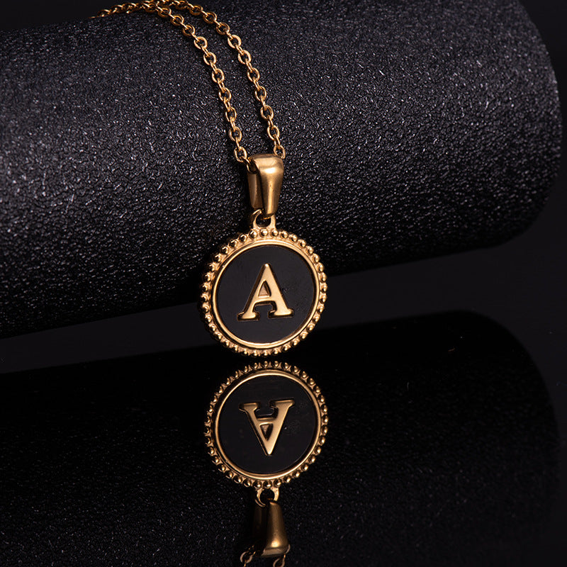 Fashion Round Letter Enamel Gold Plated Stainless Steel Initial Pendant Necklace