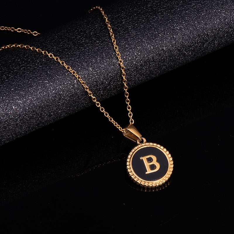 Fashion Round Letter Enamel Gold Plated Stainless Steel Initial Pendant Necklace