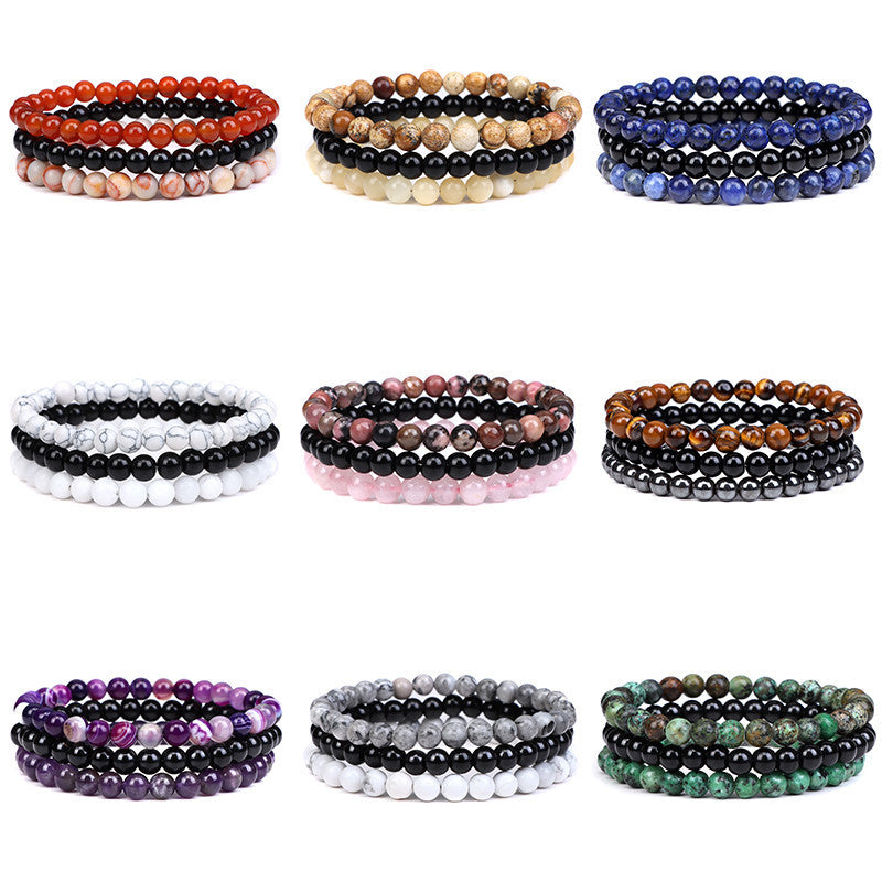 Fashion Round Natural Stone Beaded Bracelets Set of 3 for Couples Yoga Outdoor