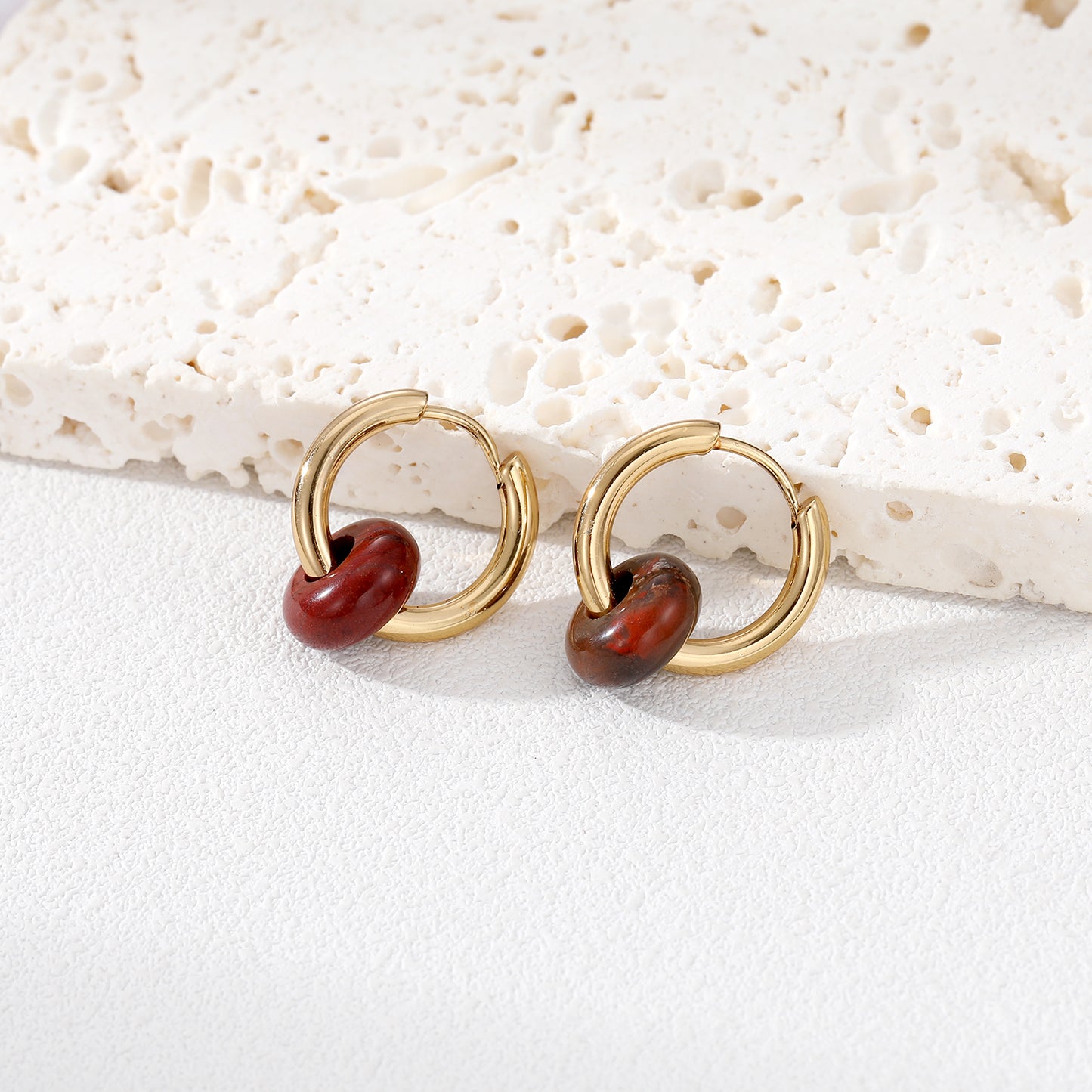 Fashion Vintage Textured Natural Stone Bead Stainless Steel Hoop Earrings