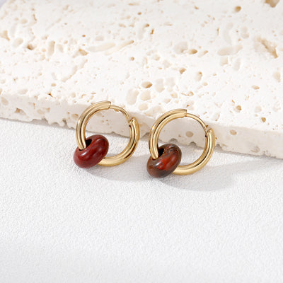 Fashion Vintage Textured Natural Stone Bead Stainless Steel Hoop Earrings