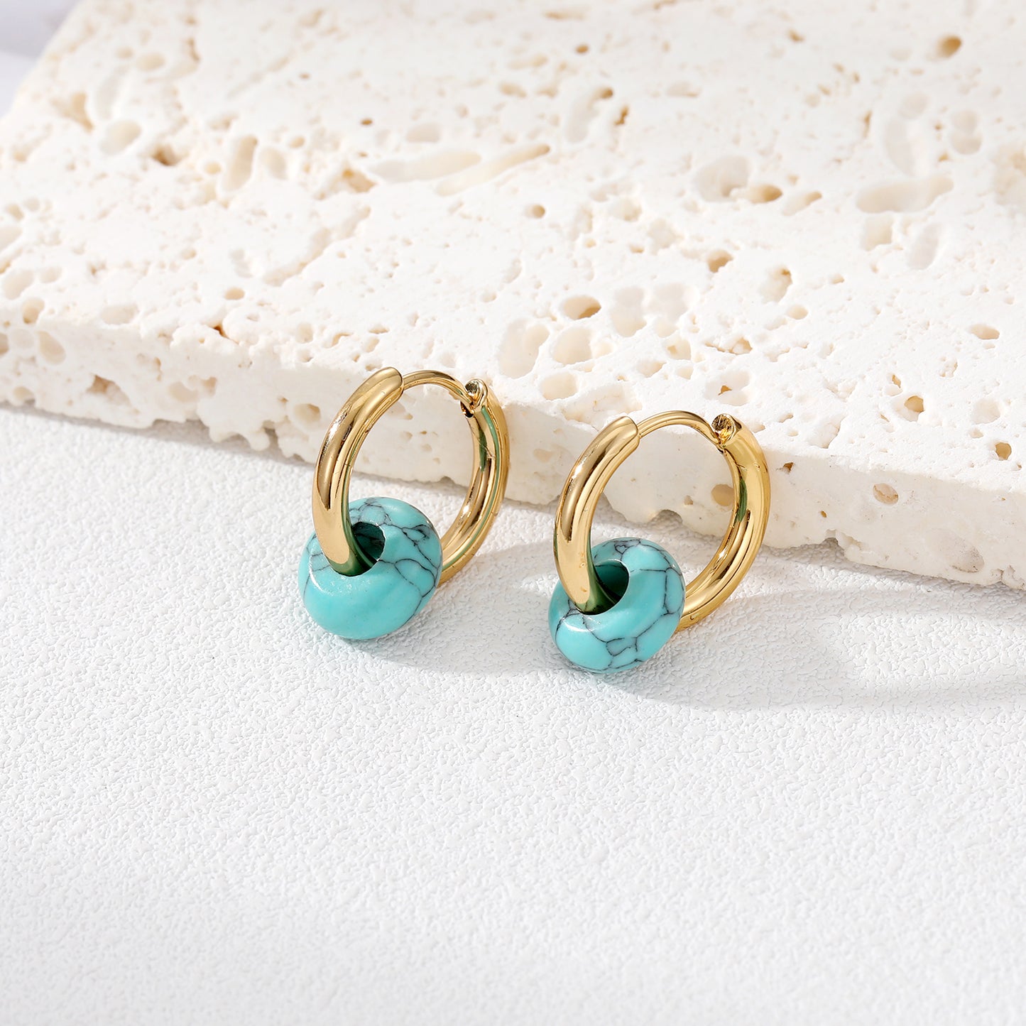 Fashion Vintage Textured Natural Stone Bead Stainless Steel Hoop Earrings