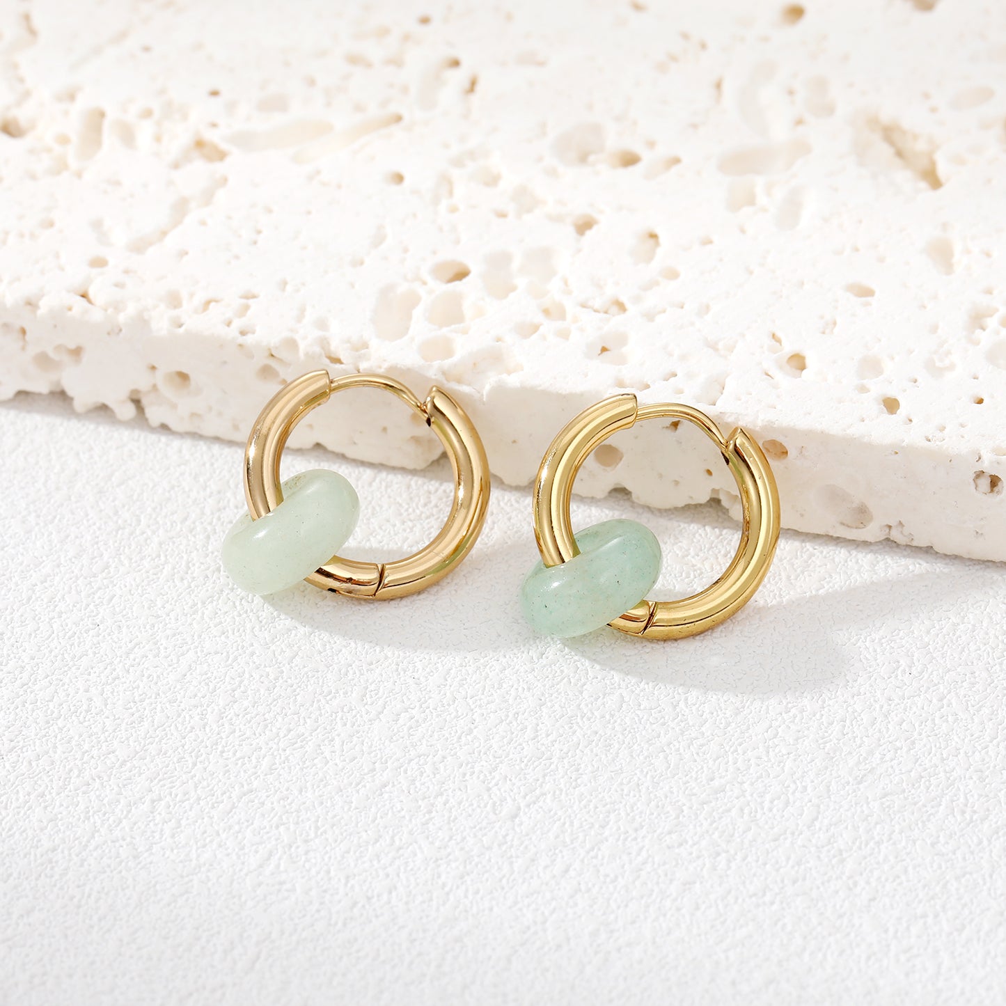 Fashion Vintage Textured Natural Stone Bead Stainless Steel Hoop Earrings