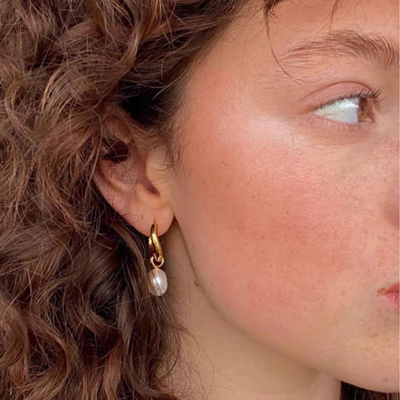 Stainless Steel Pearl Plated Drop Earrings with 18k Gold Freshwater Pearl Pendant