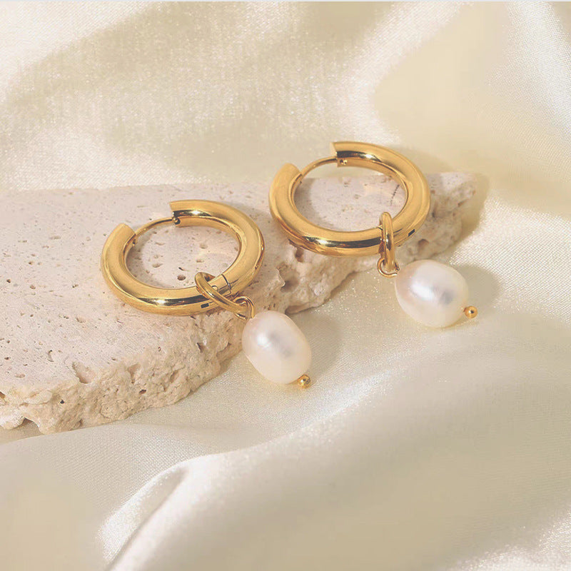 Stainless Steel Pearl Plated Drop Earrings with 18k Gold Freshwater Pearl Pendant