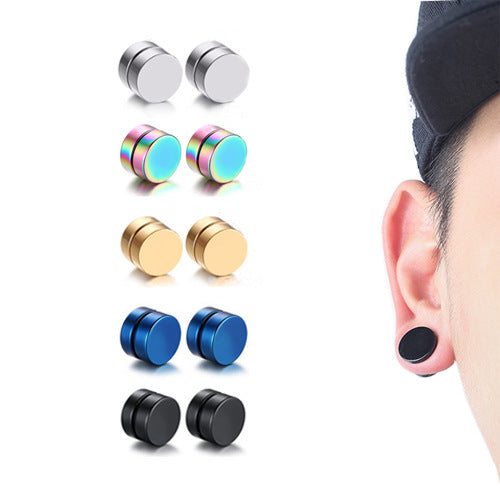 Fashion Black Magnetic Round Stainless Steel Earrings - No Piercing Required