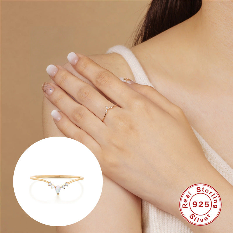 Sterling Silver V-Shaped Opal Zircon Ring