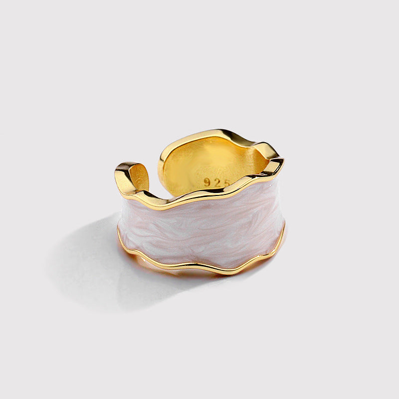 S925 Sterling Silver Geometric Enamel Pearl Adjustable Ring