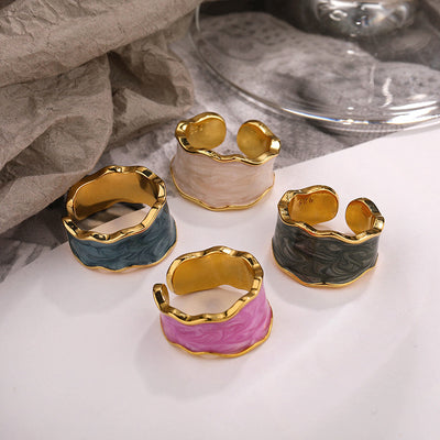 S925 Sterling Silver Geometric Enamel Pearl Adjustable Ring