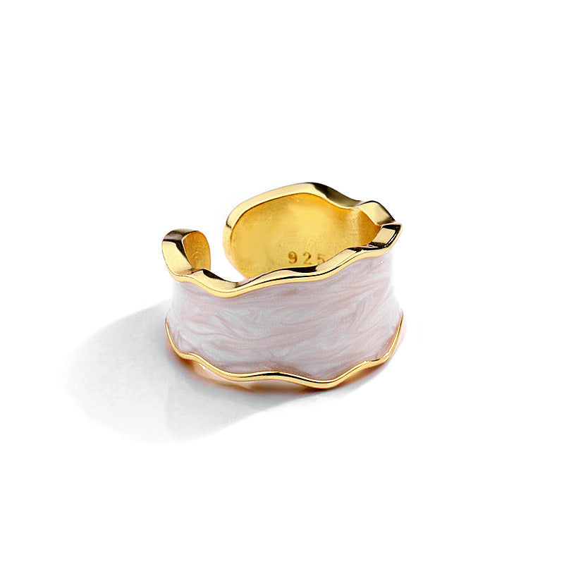 S925 Sterling Silver Geometric Enamel Pearl Adjustable Ring