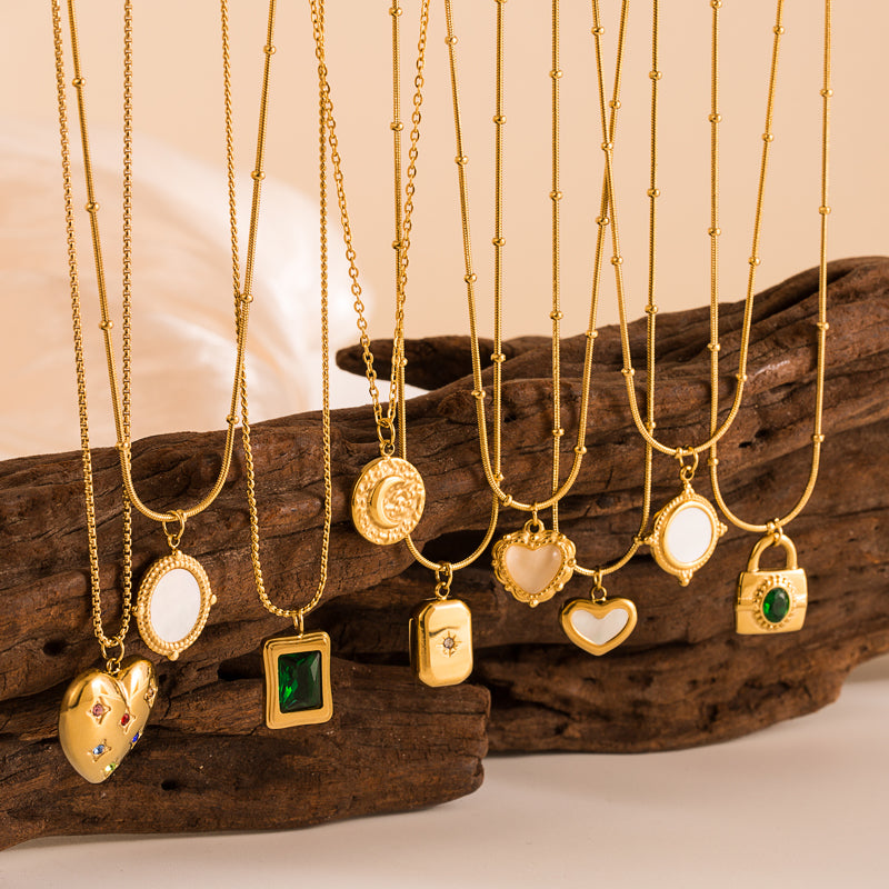 Geometric Triangle Stainless Steel Gold Plated Natural Stone Pendant Necklace