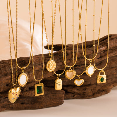 Geometric Triangle Stainless Steel Gold Plated Natural Stone Pendant Necklace