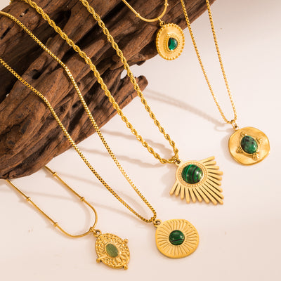 Geometric Triangle Stainless Steel Gold Plated Natural Stone Pendant Necklace