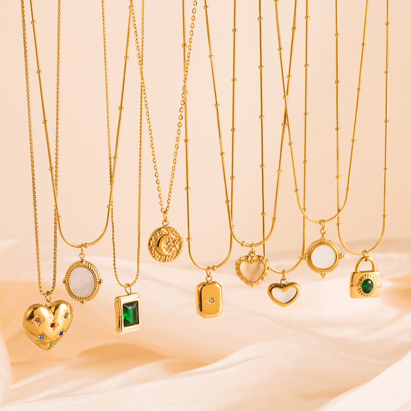 Geometric Triangle Stainless Steel Gold Plated Natural Stone Pendant Necklace