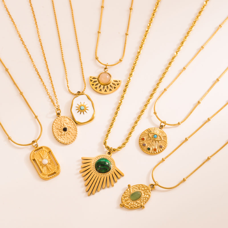 Geometric Triangle Stainless Steel Gold Plated Natural Stone Pendant Necklace