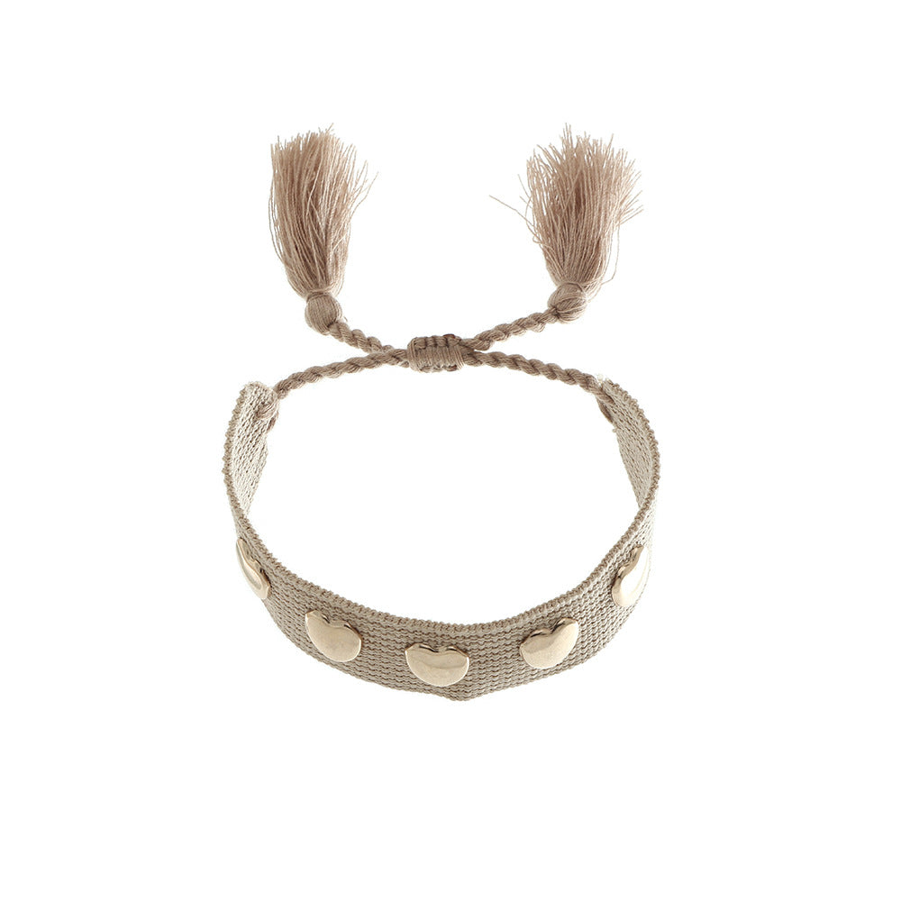 Fashion Bohemian Woven Ribbon Heart-shaped Metal Bracelet