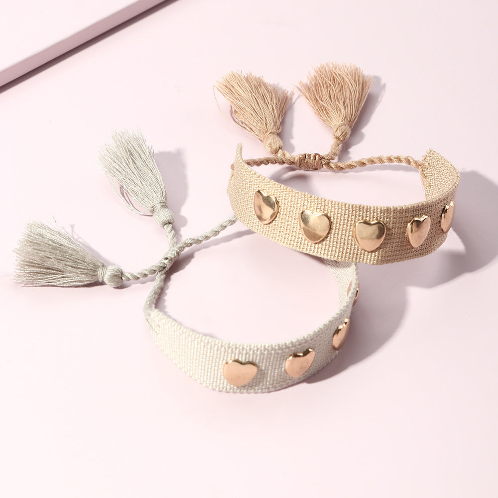 Fashion Bohemian Woven Ribbon Heart-shaped Metal Bracelet