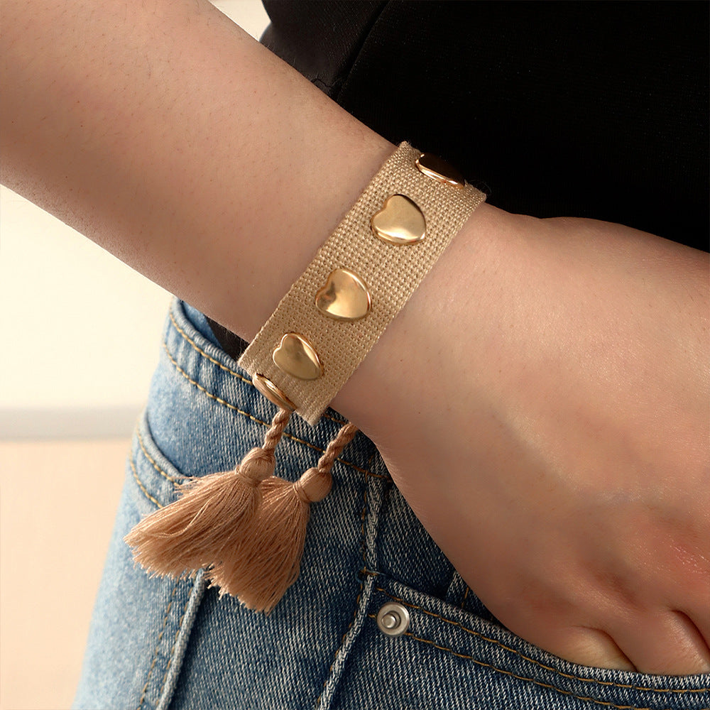 Fashion Bohemian Woven Ribbon Heart-shaped Metal Bracelet