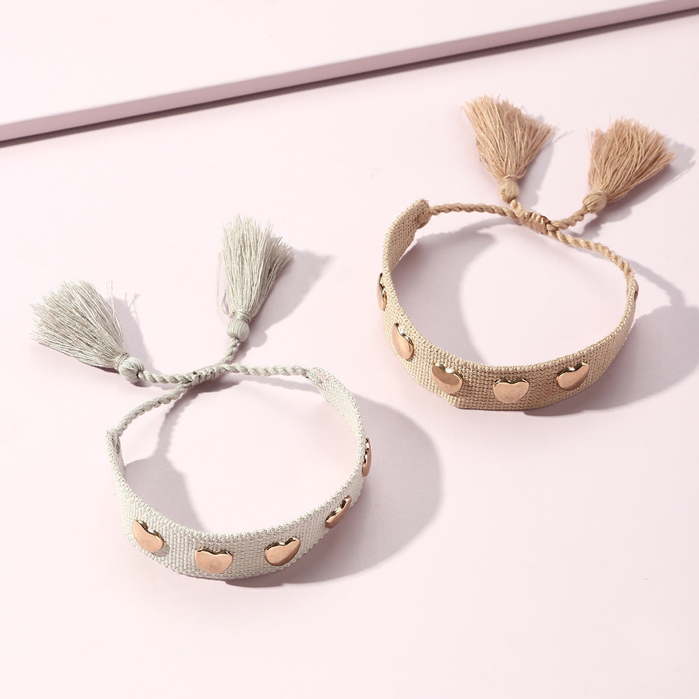 Fashion Bohemian Woven Ribbon Heart-shaped Metal Bracelet