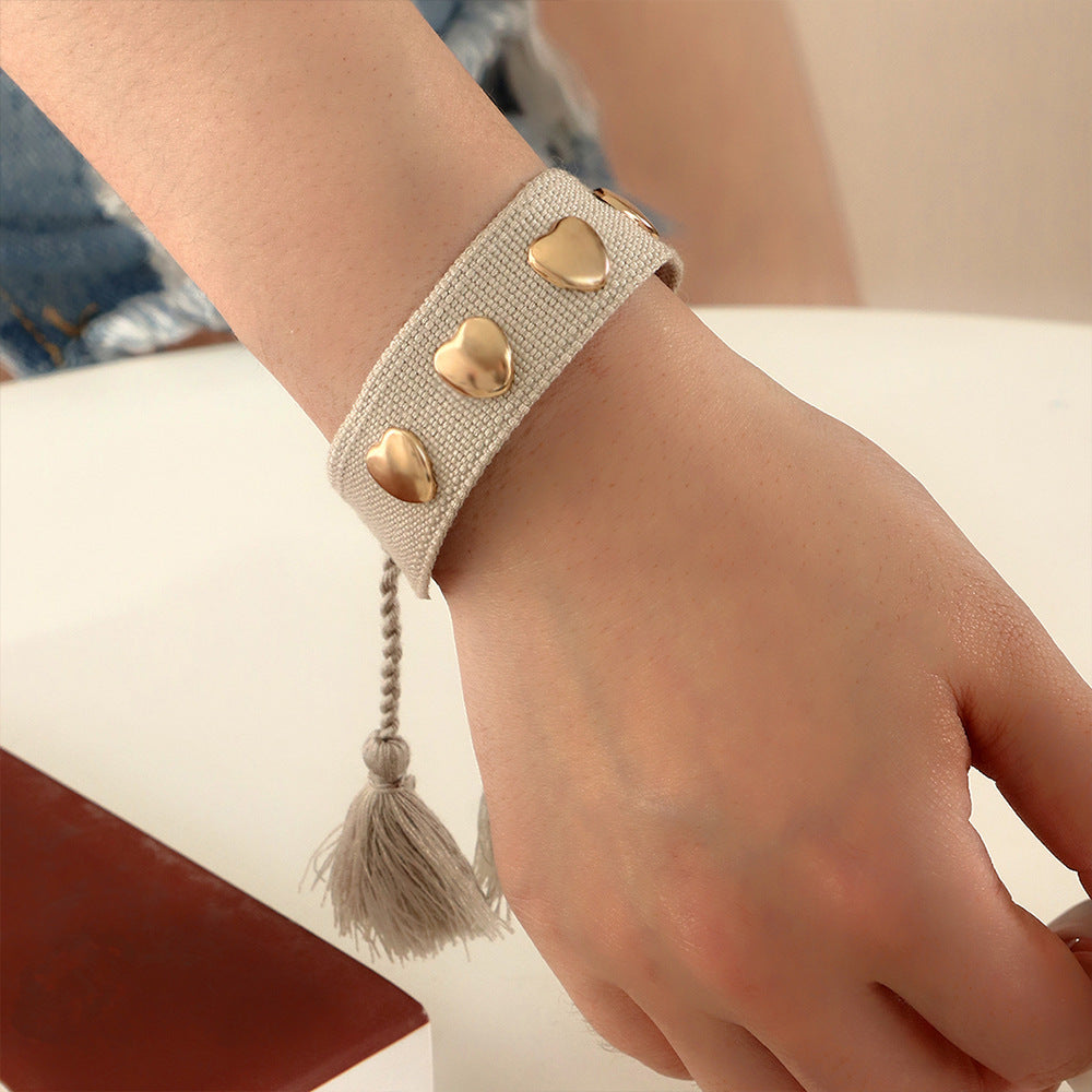 Fashion Bohemian Woven Ribbon Heart-shaped Metal Bracelet
