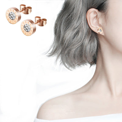 Fashion Geometric Roman Numeral Zircon Titanium Steel Stud Earrings in Rose Gold