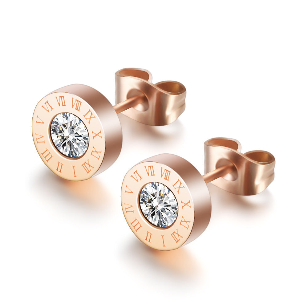 Fashion Geometric Roman Numeral Zircon Titanium Steel Stud Earrings in Rose Gold