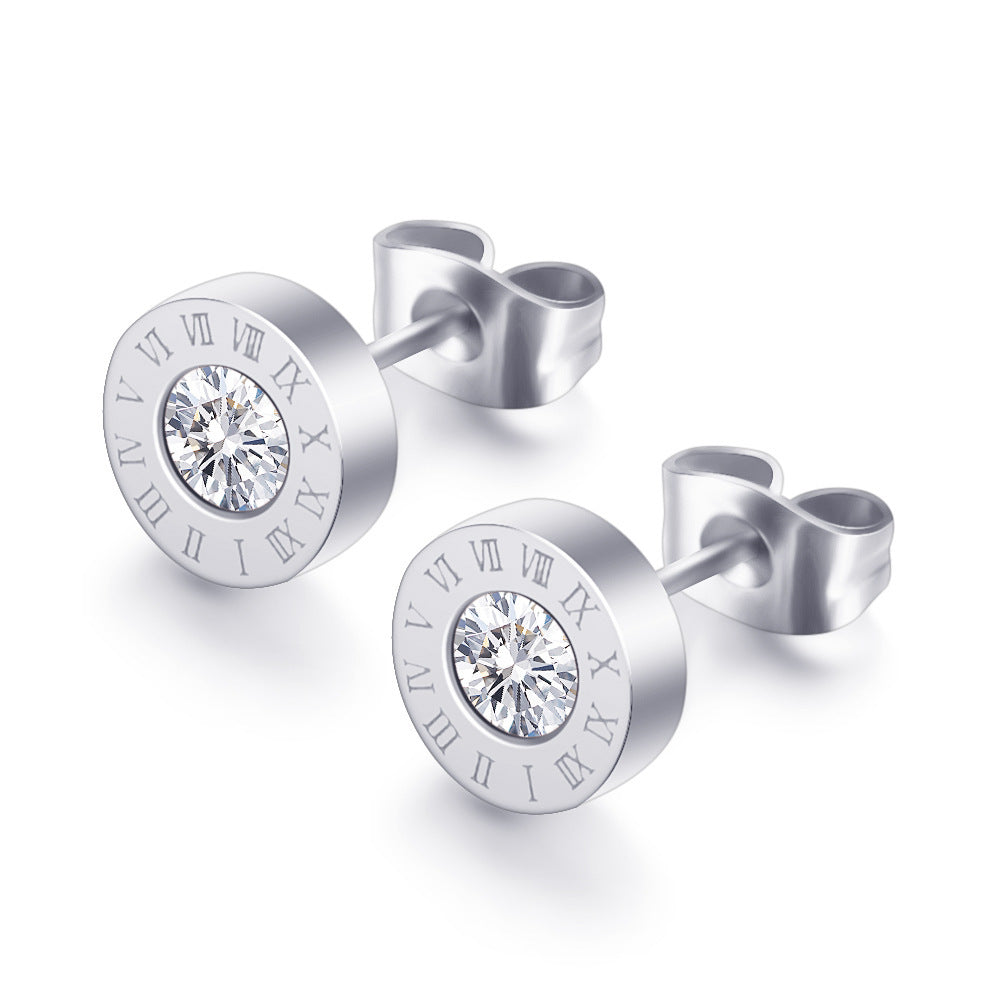 Fashion Geometric Roman Numeral Zircon Titanium Steel Stud Earrings in Rose Gold
