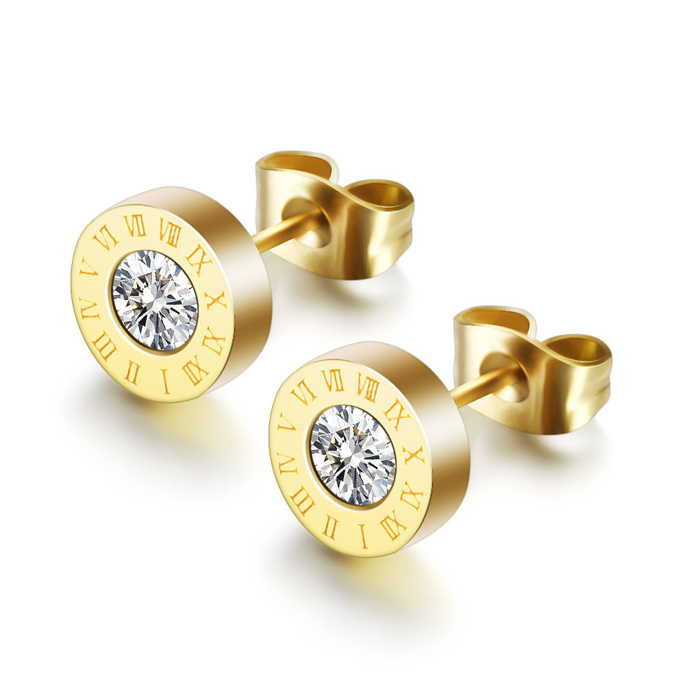 Fashion Geometric Roman Numeral Zircon Titanium Steel Stud Earrings in Rose Gold