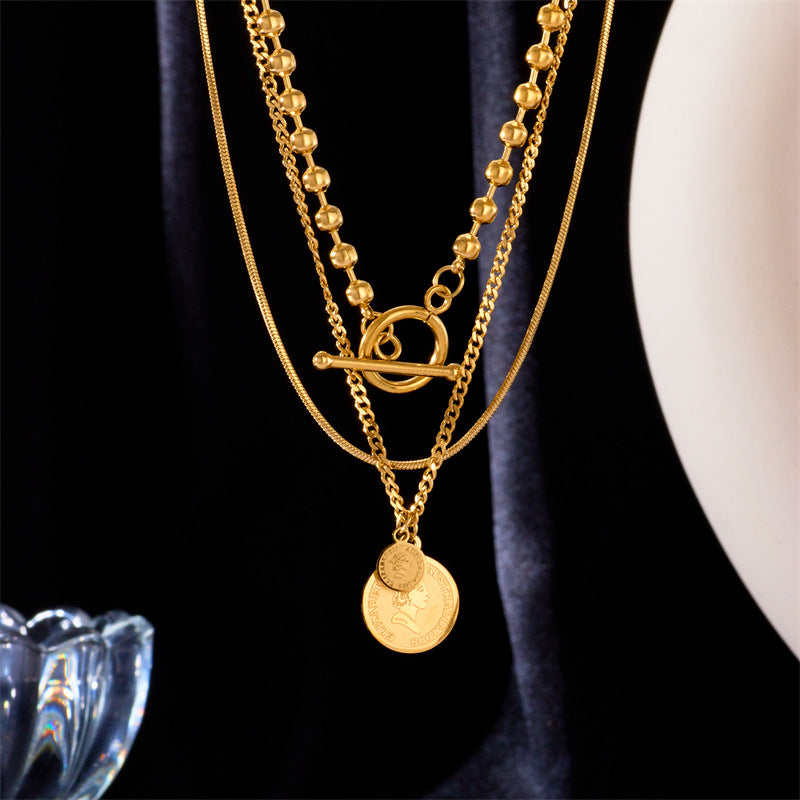 Fashion Layered Geometric Round Pendant Titanium Steel Necklace for Women