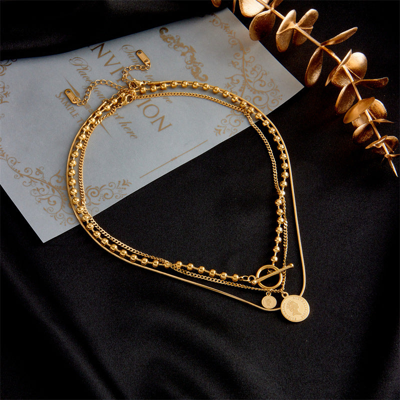 Fashion Layered Geometric Round Pendant Titanium Steel Necklace for Women