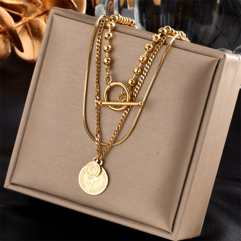 Fashion Layered Geometric Round Pendant Titanium Steel Necklace for Women